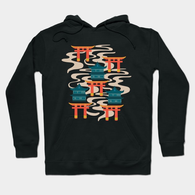 EDO Traditional Japanese Castles and Oriental Japan Torii Gates with Flowing River in Rainbow Palette Turquoise Orange Teal Yellow - UnBlink Studio by Jackie Tahara Hoodie by UnBlink Studio by Jackie Tahara